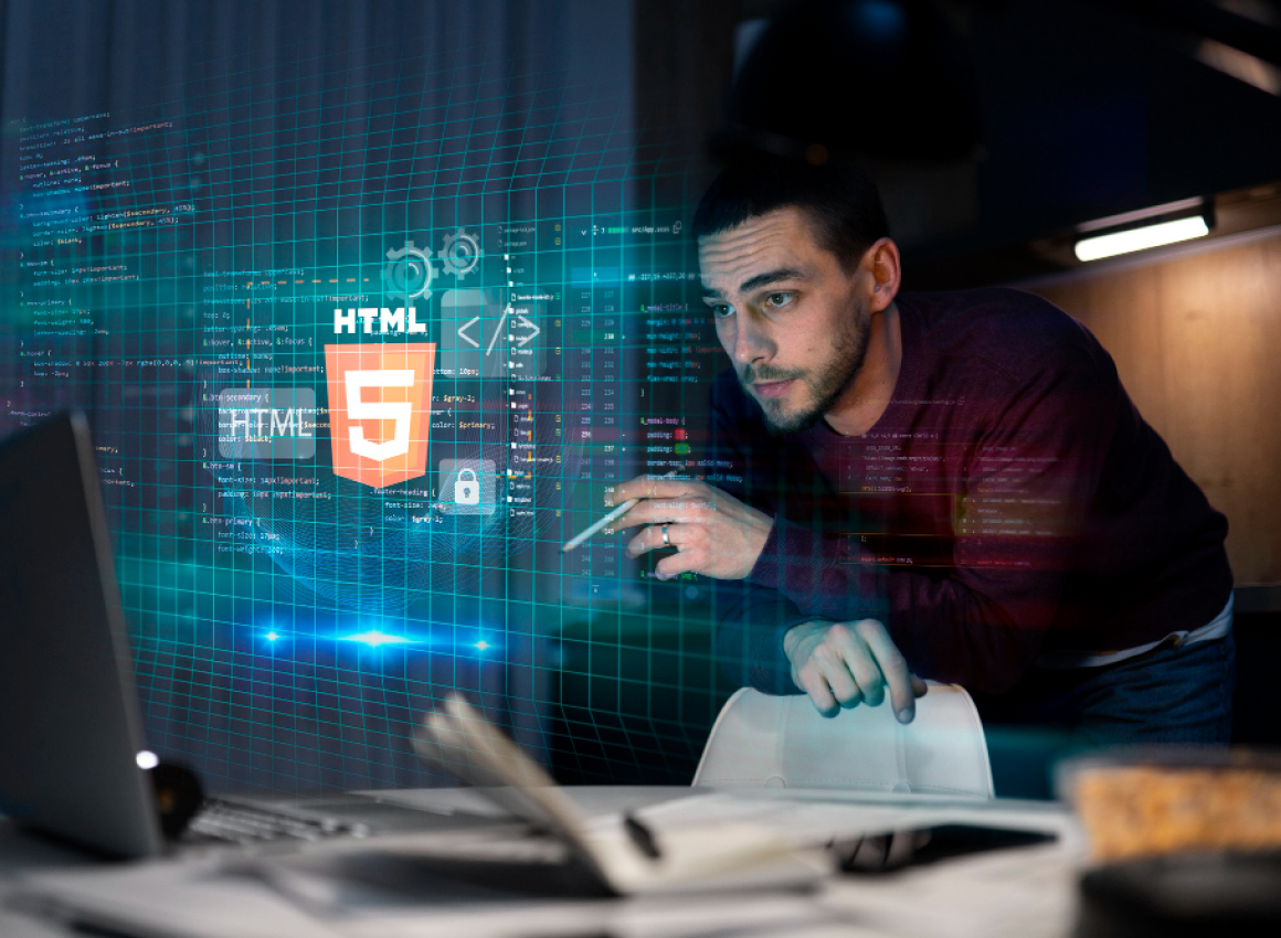 Developer working on a JavaScript application with code and design elements around them